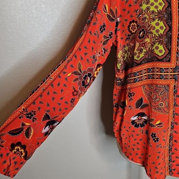 Lior Paris Red Orange Floral Patterned Button Front‎ Long Sleeve Top Medium - Picture 4 of 9